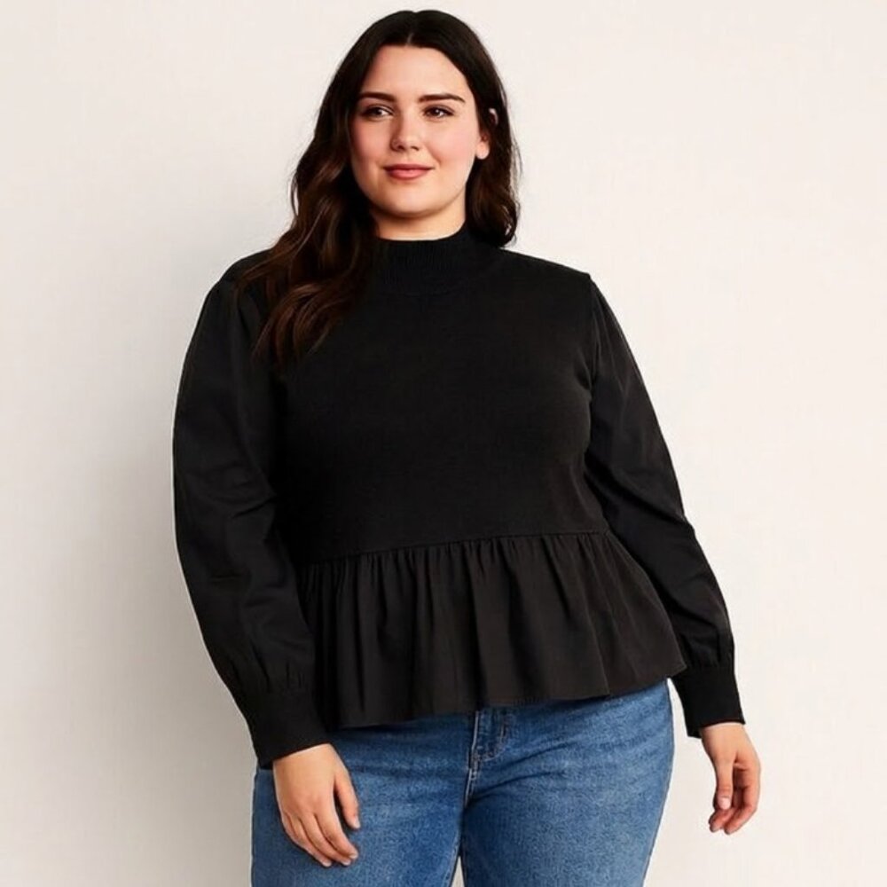 Eloquii Elements Black Mock Neck Peplum Sweater Plus Size 22/24 Long Sleeve